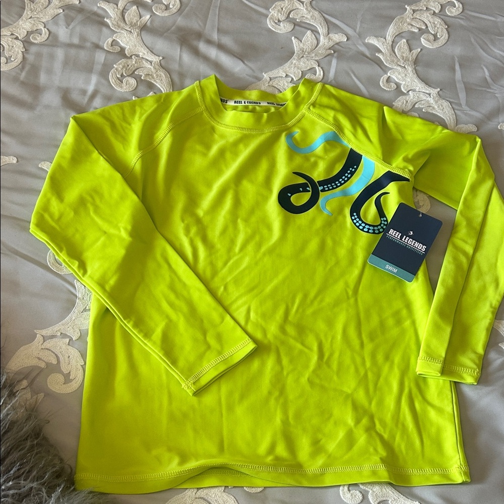 Reel Legends Neon green Long-Sleeve SwimTee with Blue Octopus Graphic